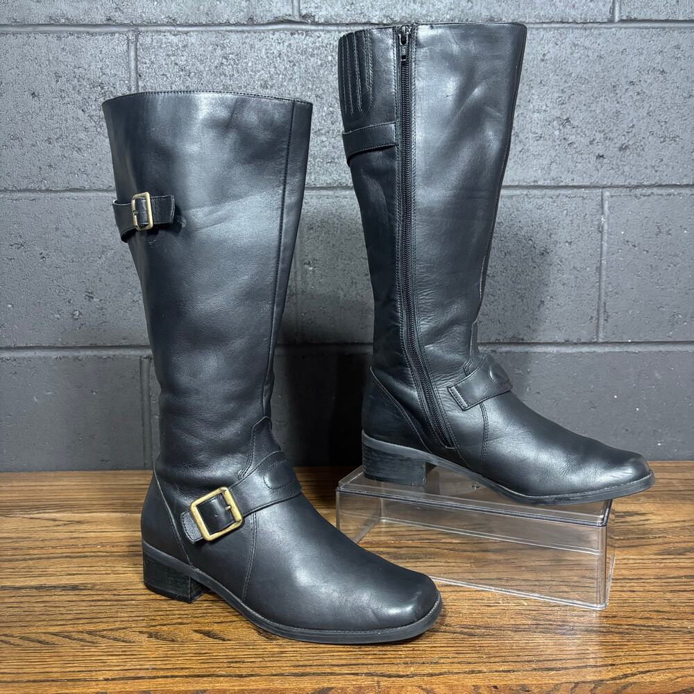 Vintage St. John’s Bay Black Leather Knee High Riding Boots Square Toe Women’s 8
